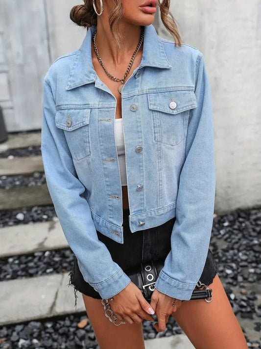 Women's Solid Denim Jacket with Button Flap Pockets