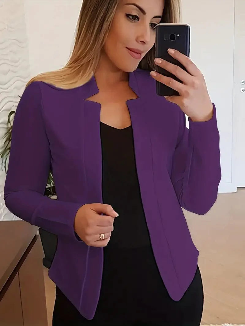 Women's Solid Open Front Blazer with Long Sleeves for Office Wear