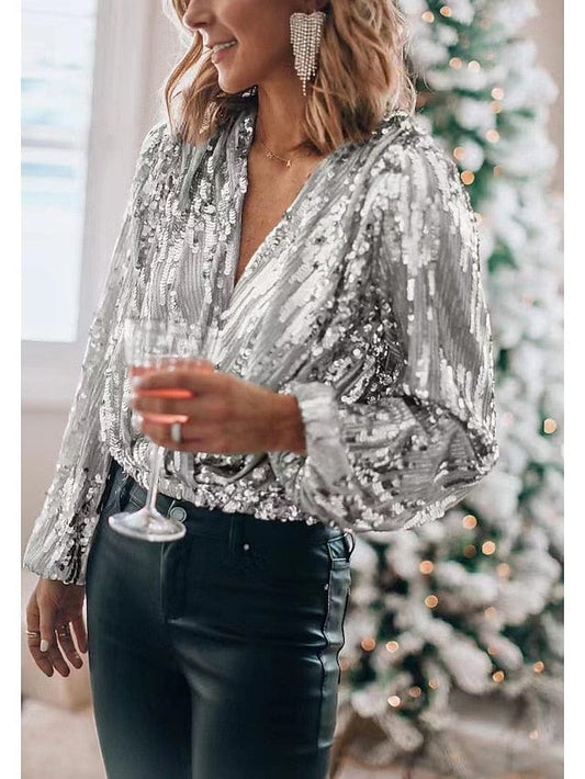 Women's Sparkly Sequin Shirt Blouse with Lantern Sleeves