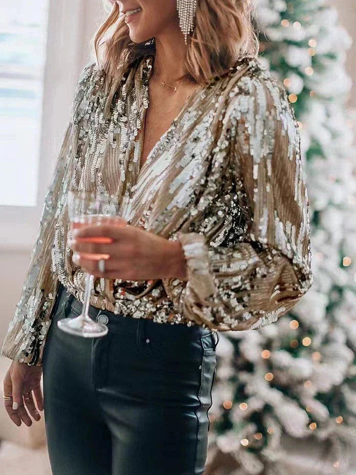 Women's Sparkly Sequin Shirt Blouse with Lantern Sleeves