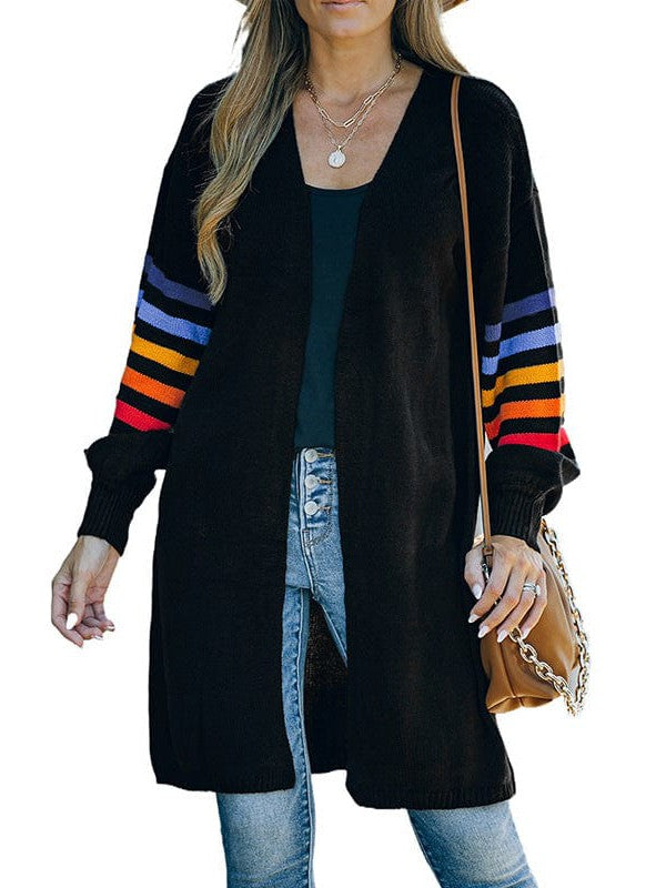 Women's Striped Lantern Sleeve Cardigan Sweater in Imitation Cashmere