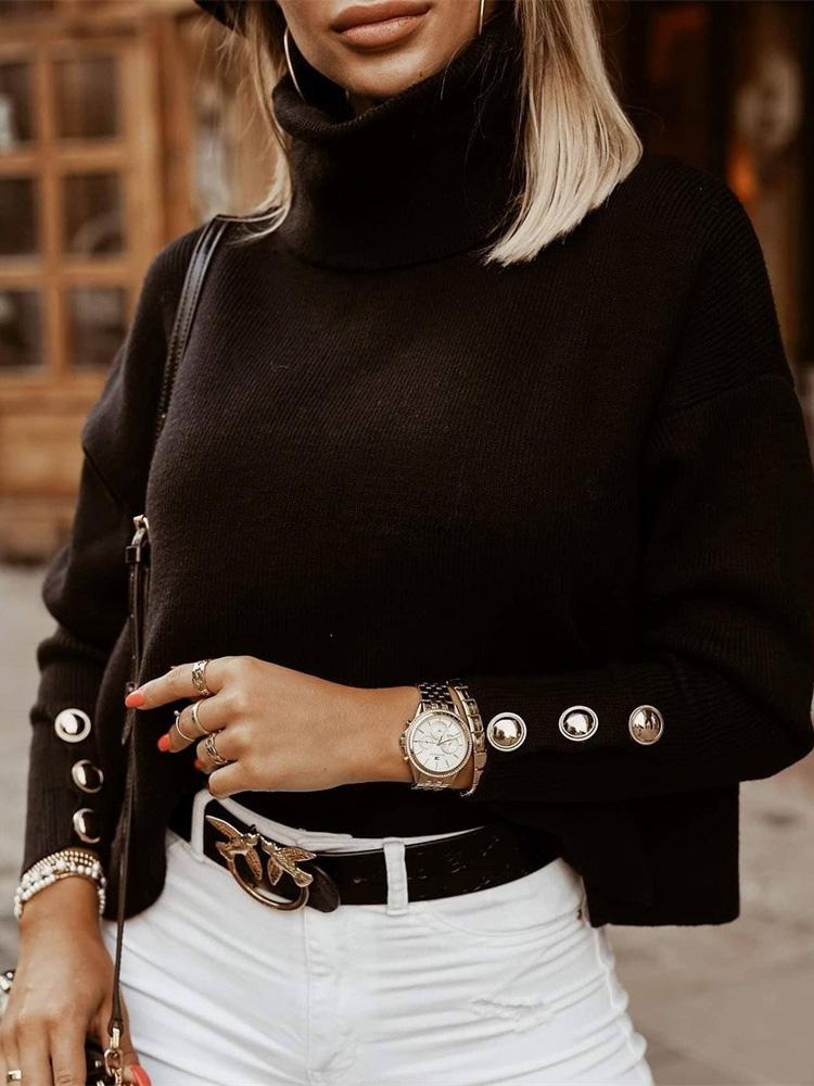 Women's Sweaters Solid High Collar Button Long Sleeve Sweater