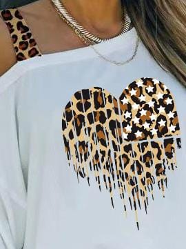 Women's T-Shirt Leopard Heart Print Off Shoulder Long Sleeve T-Shirt