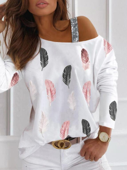 Women's T-Shirts Feather Print Long Sleeve Off-Shoulder T-Shirt