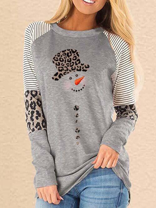 Women's T-Shirts Leopard Snowman Print Round Neck Long Sleeve T-Shirt