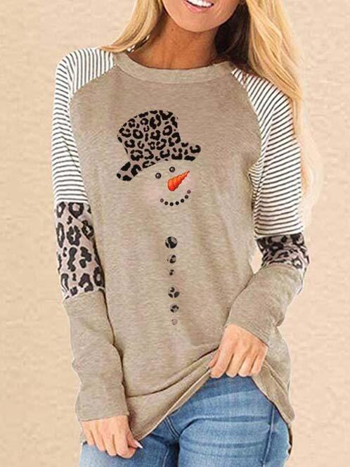 Women's T-Shirts Leopard Snowman Print Round Neck Long Sleeve T-Shirt