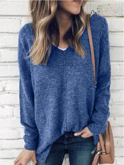 Women's T-Shirts V-Neck Pullover Long Sleeve Suede T-Shirts