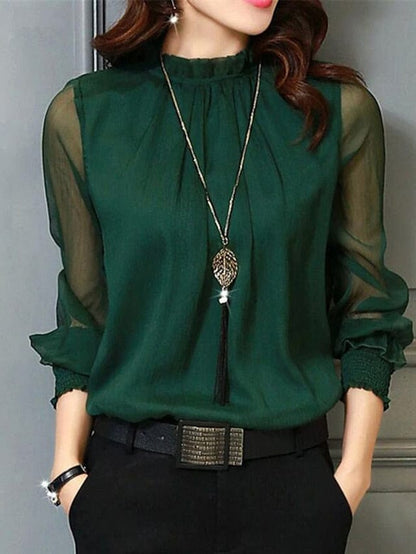Women's Turtleneck Mesh Detail Shirt Blouse with Lantern Sleeves