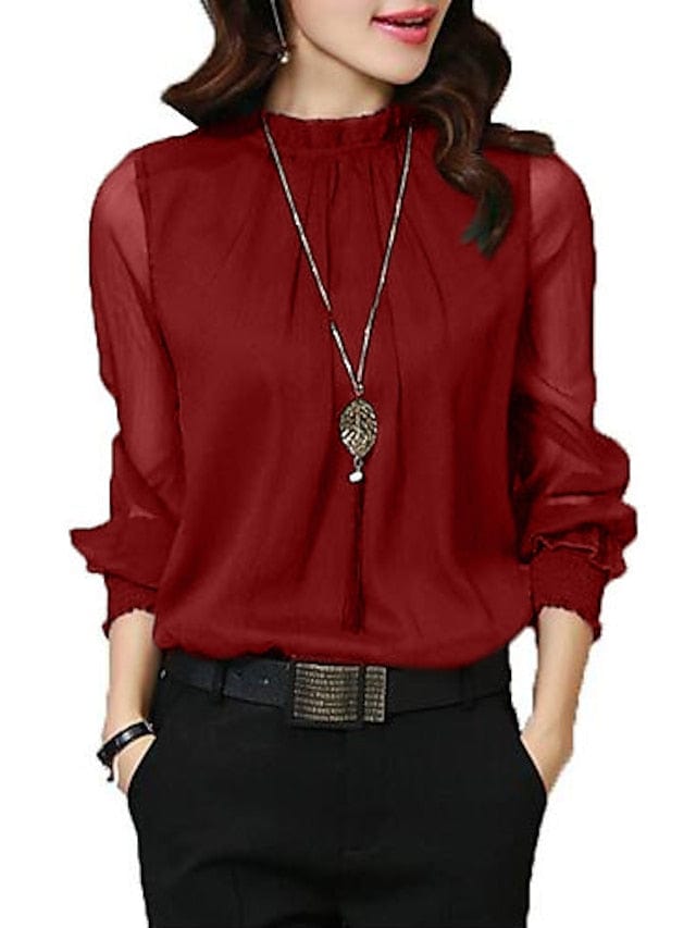 Women's Turtleneck Mesh Detail Shirt Blouse with Lantern Sleeves