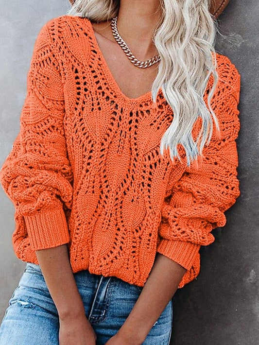 Women's V-Neck Crochet Knit Sweater with Hollow Out Design