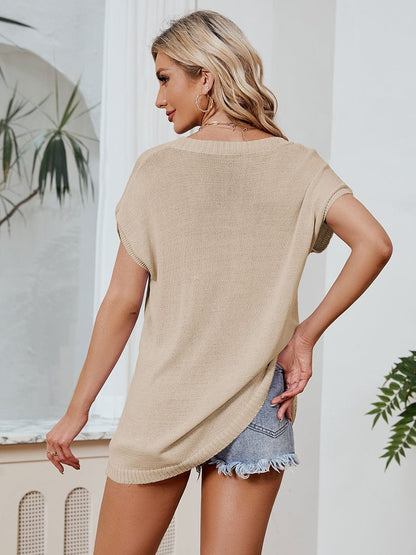 Women's V Neck Dolman Sweater, Short Sleeve Tunic Pullover Top, Lightweight Knit Sweater Blouse