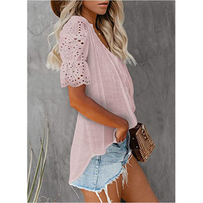 Women's V-neck lace patchwork pleated short-sleeved loose chiffon shirt