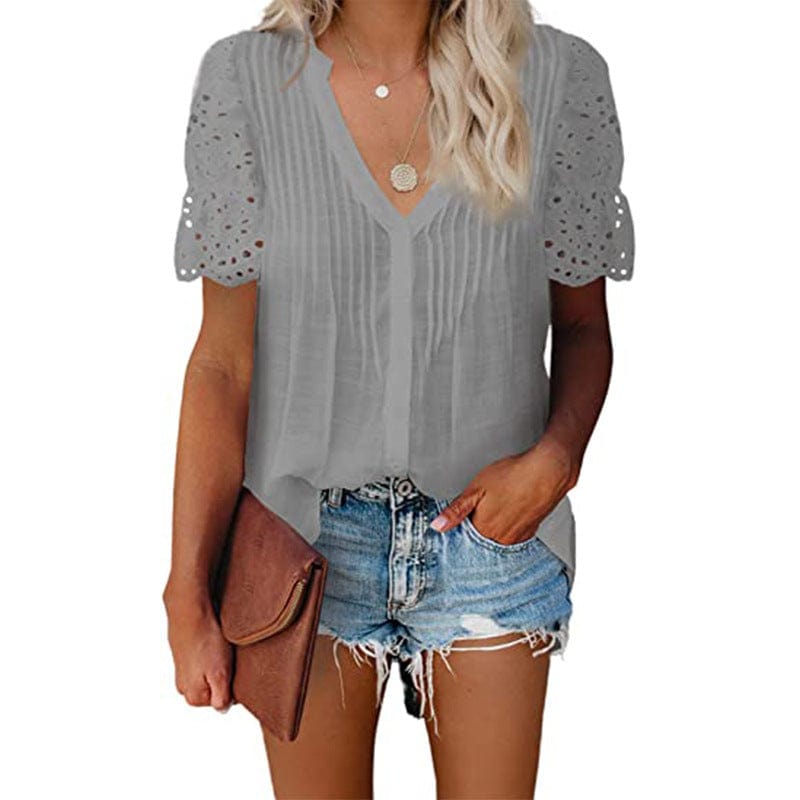 Women's V-neck lace patchwork pleated short-sleeved loose chiffon shirt