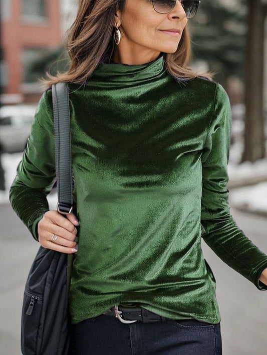 Women's Velvet Turtleneck Shirt Blouse in Black, Brown, and Green