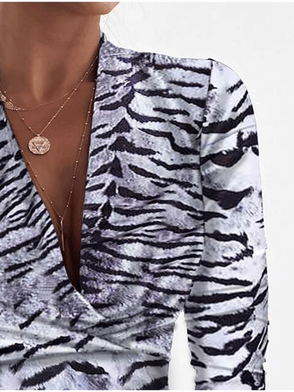 Blouses - Deep V-Neck Leopard Print Long Sleeve Blouse - MsDressly