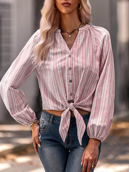 Blouses - Fashion Slim V-Neck Stripe Long Sleeve Blouse - MsDressly