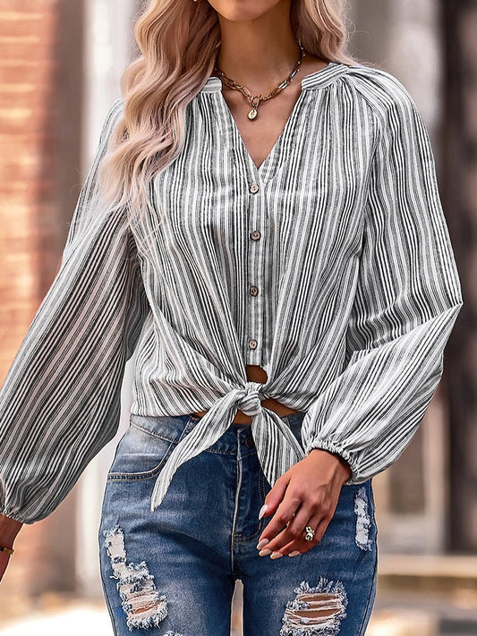 Blouses - Fashion Slim V-Neck Stripe Long Sleeve Blouse - MsDressly