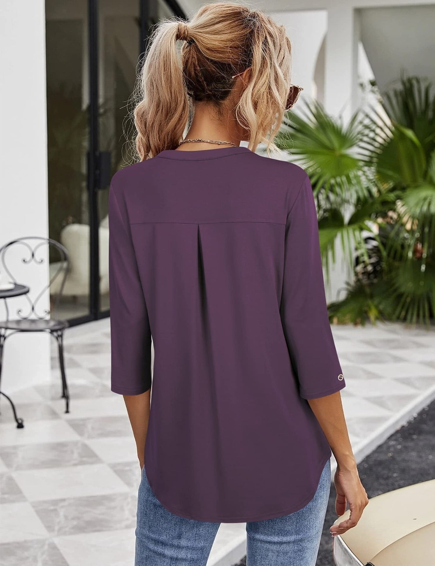 Blouses - V Neck Mid Sleeve Casual Loose Blouse - MsDressly