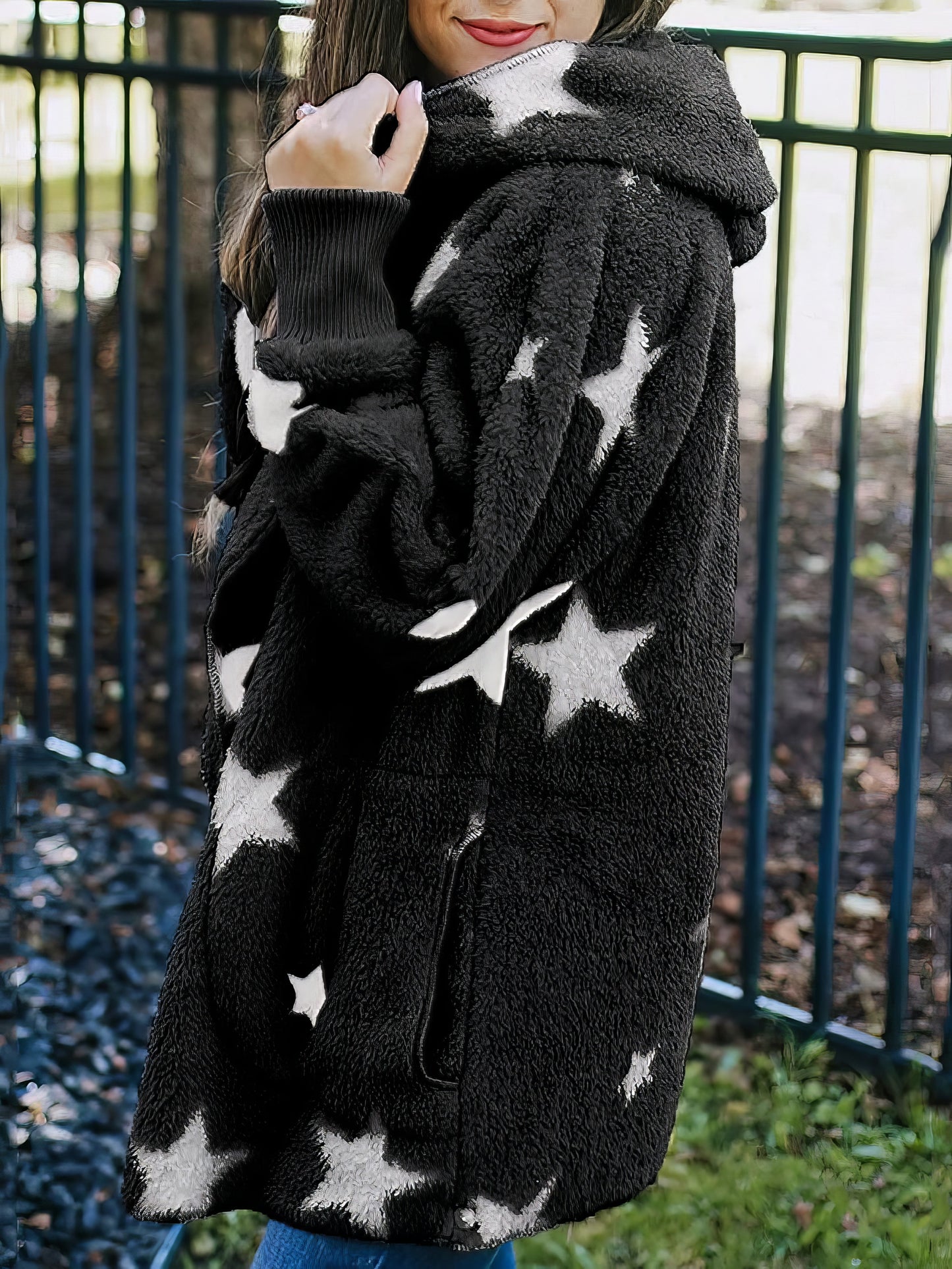 Five-Pointed Star Plush Pocket Hooded Coat for Women