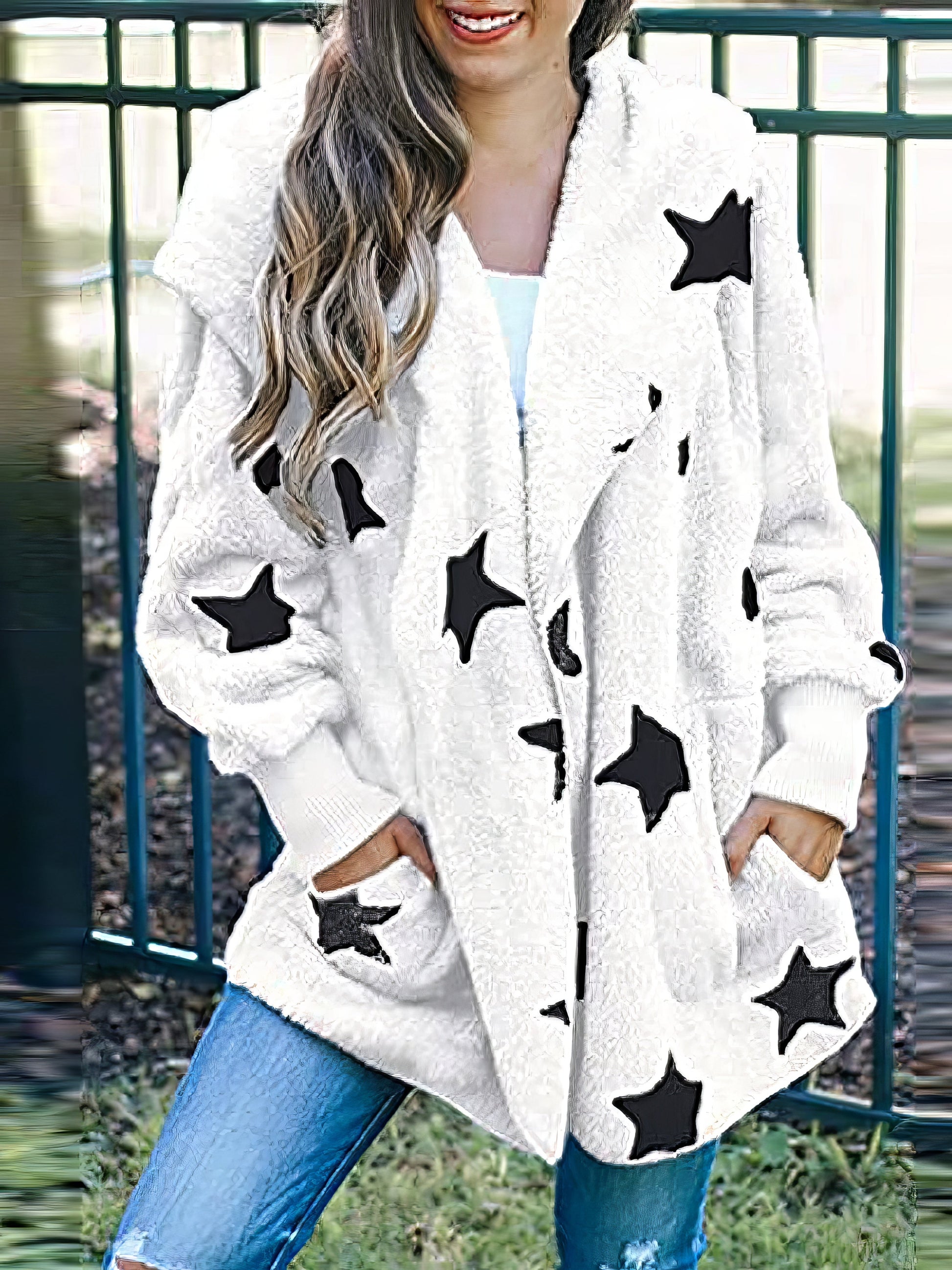 Five-Pointed Star Plush Pocket Hooded Coat for Women