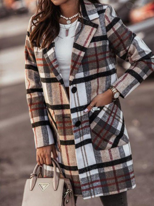 Coats - Loose Lapel Check Pocket Woolen Coat - MsDressly