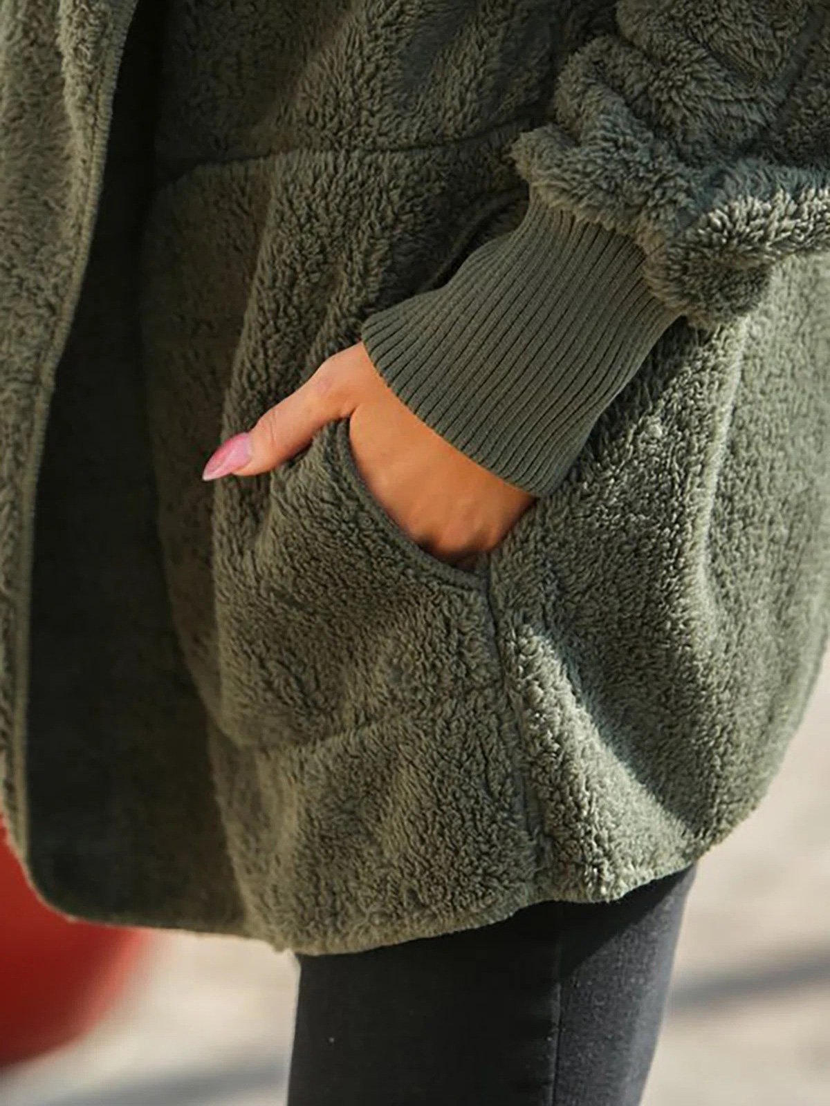 Coats - Loose Pocket Reversible Fleece Hooded Coat - MsDressly