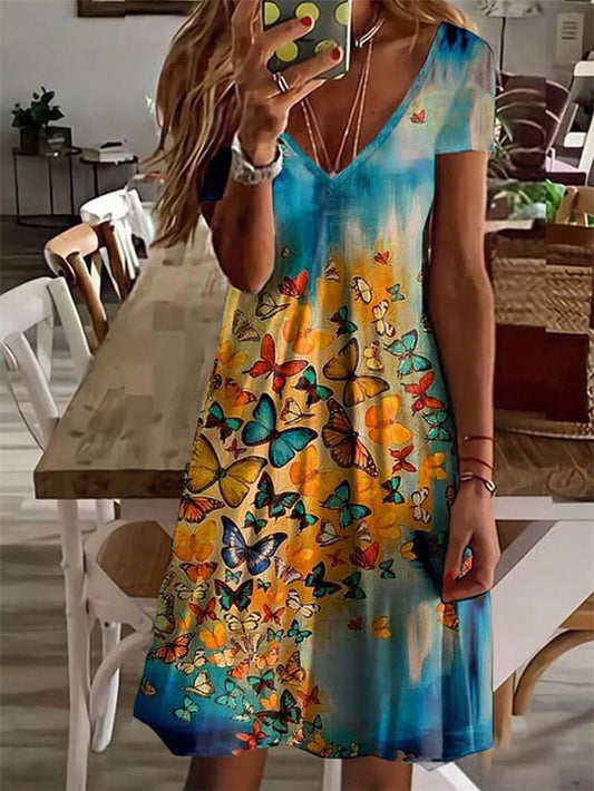 Mini Dresses - Butterfly Print V-Neck Short Sleeve Dress - MsDressly