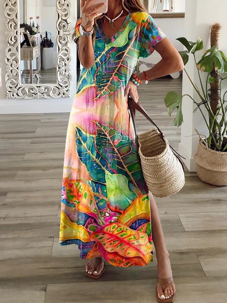 Leafy V-Neck Short Sleeve Multicolor Dress with Slit