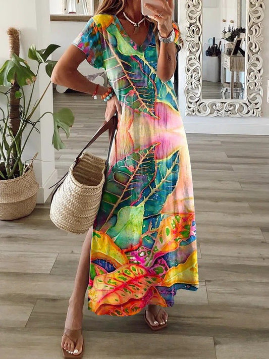 Leafy V-Neck Short Sleeve Multicolor Dress with Slit