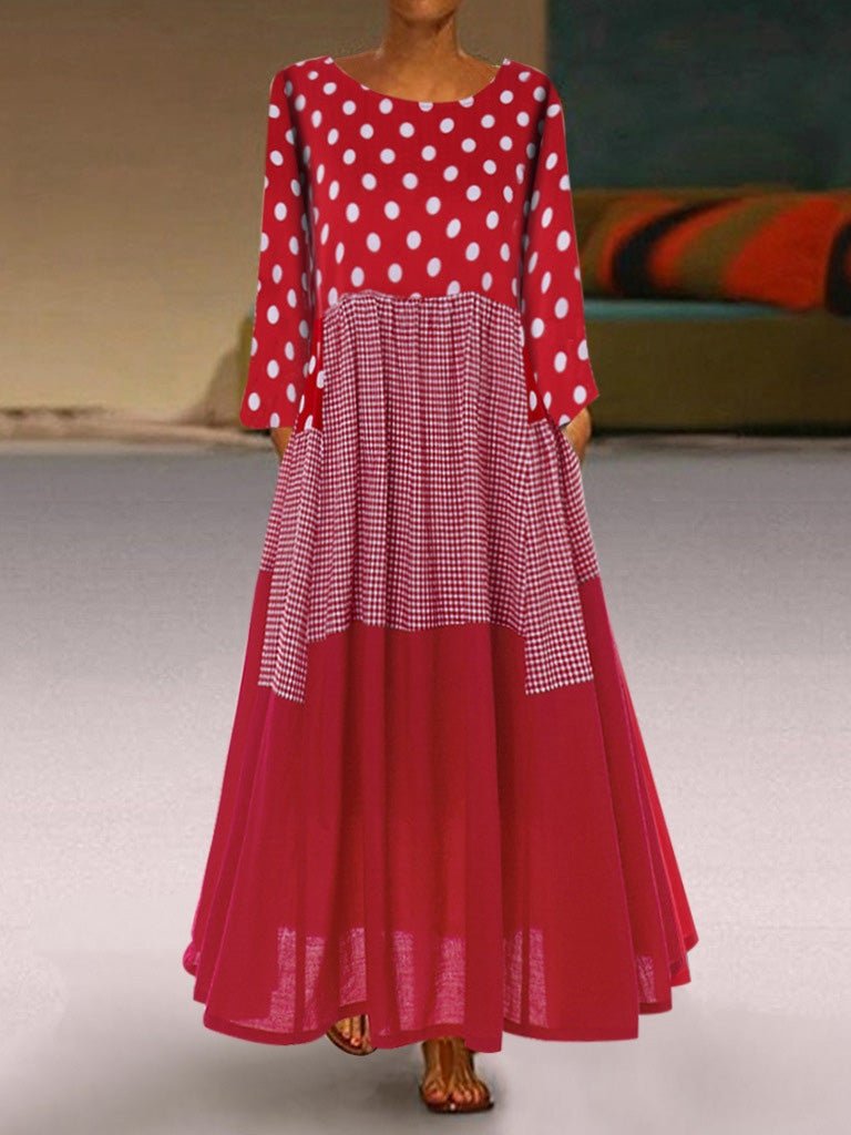 Maxi Dresses - Round Neck Polka Dot Pocket Long Sleeve Dress - MsDressly