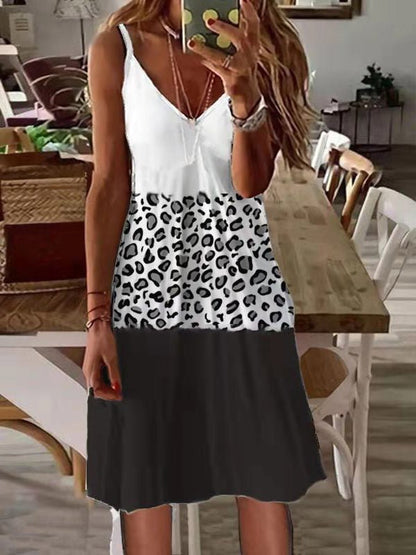 Mini Dresses - Sling V-Neck Leopard Panel Sleeveless Dress - MsDressly