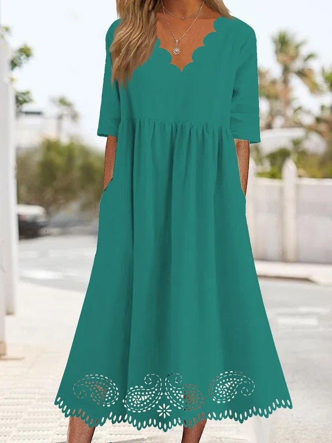 Maxi Dresses - Solid Wave Neck Lace Panel Pocket Casual Dress - MsDressly