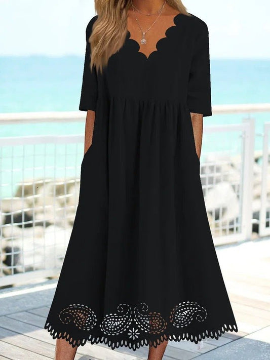 Maxi Dresses - Solid Wave Neck Lace Panel Pocket Casual Dress - MsDressly