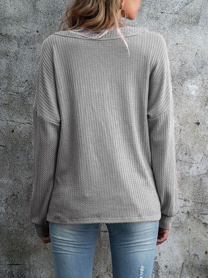 Hoodies - V Neck Loose Knitted Button Sweatshirt - MsDressly