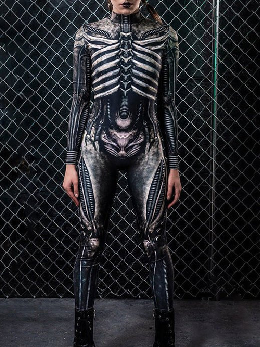 Skeleton Patterned Bodycon Long Sleeve Jumpsuit