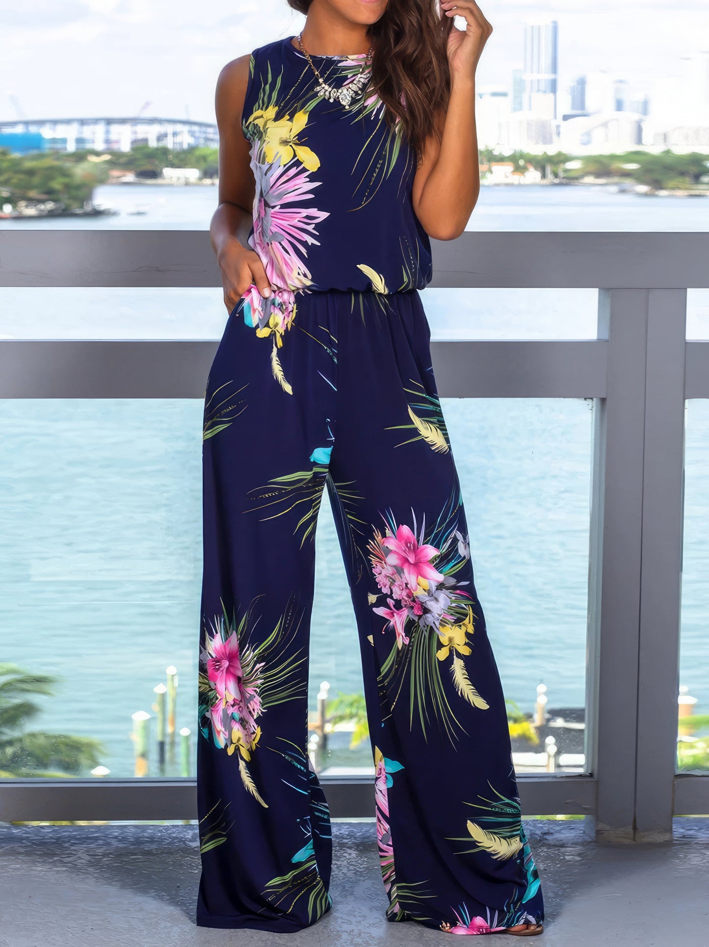 Jumpsuits - Printed Crew Neck Pocket Casual Jumpsuit - MsDressly
