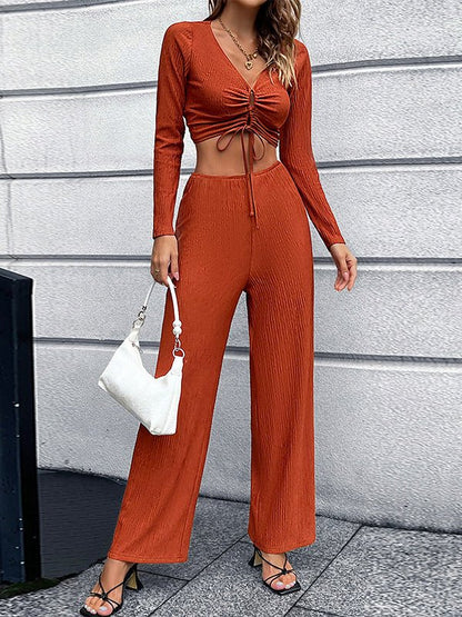 Sets - Solid V-neck Bowknot Sexy Two-piece Suit - MsDressly