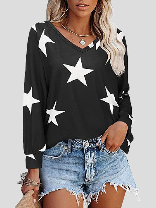 Five-Pointed Star Design V-Neck Long Sleeve T-Shirt