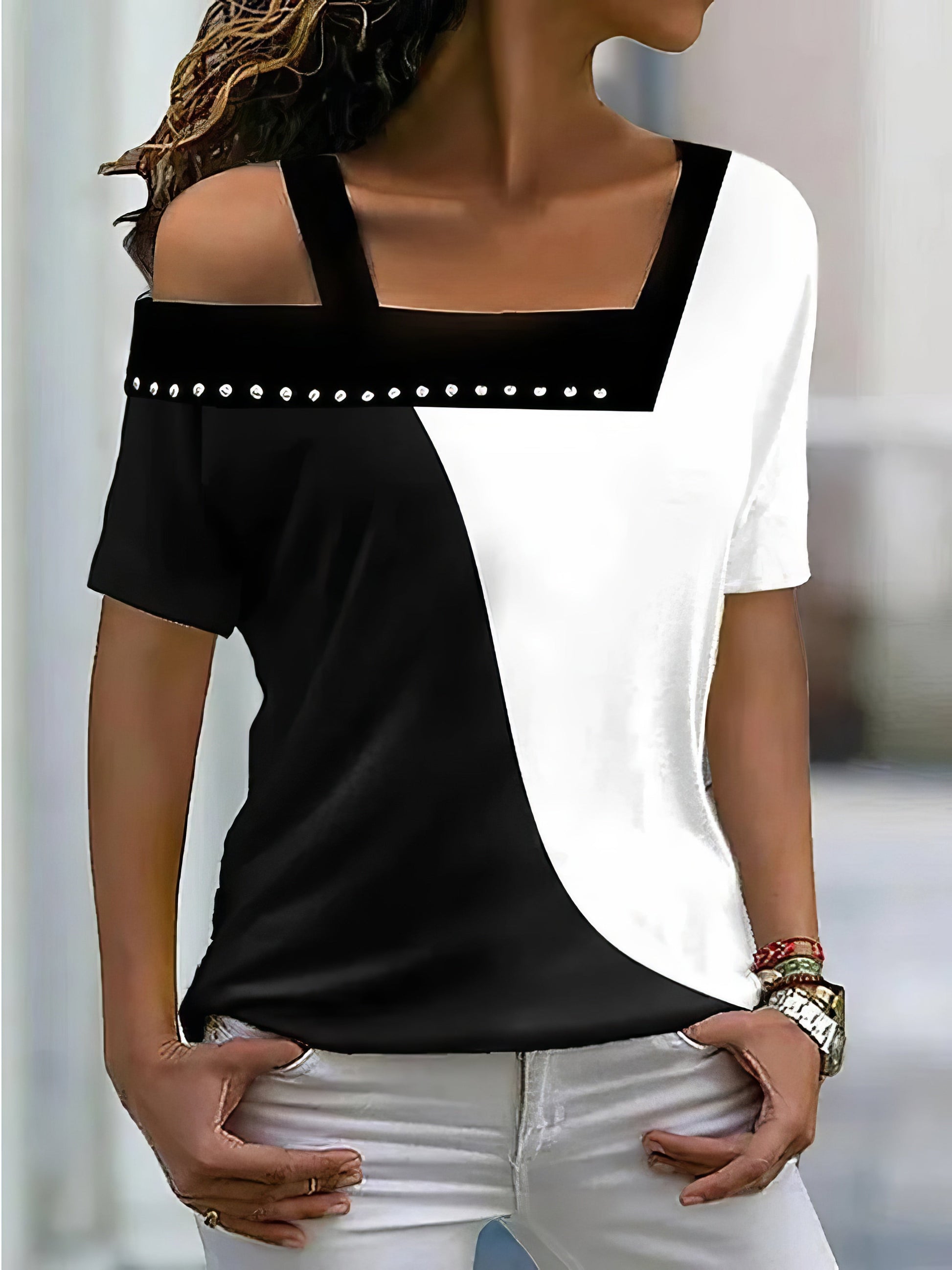 T-Shirts - Irregular Neck Contrast Color Short Sleeve T-Shirt - MsDressly
