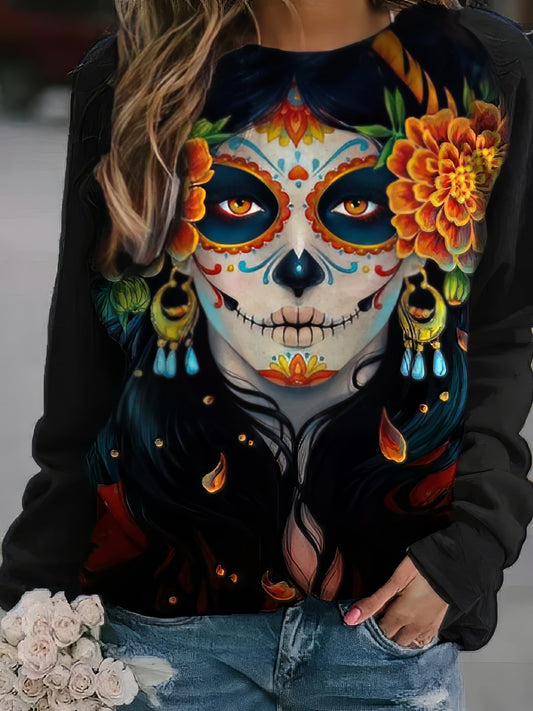 Women's Long Sleeve Skull Print T-Shirt with Round Neck