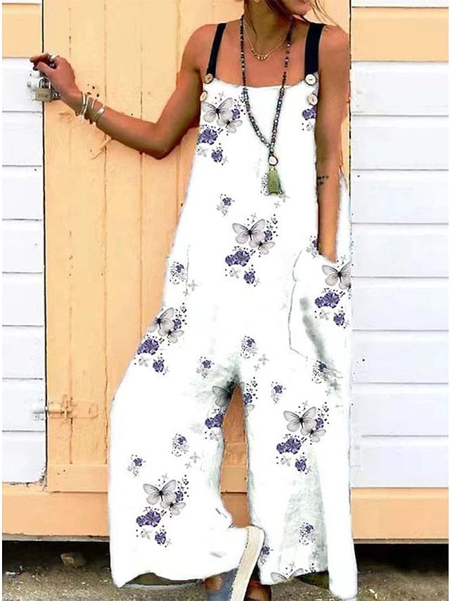 Floral Print Adjustable Strap Jumpsuit with Backless Design and Side Pockets