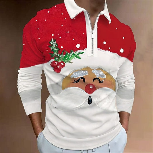 Men's Polo Shirt Golf Shirt Santa Claus Turndown Wine White+Red Red+Army Green+White Black White 3D Print Street Casual Long Sleeve Print Zipper Clothing Apparel Fashion Designer Casual Breathable
