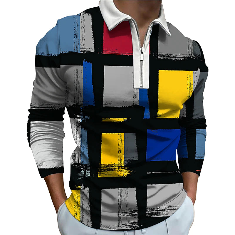 Men's Collar Polo Shirt Golf Shirt Geometry Collar Gray 3D Print Outdoor Street Long Sleeve Zipper 3D Print Clothing Apparel Fashion Sportswear Casual Comfortable / Regular Fit