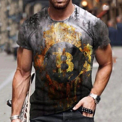 Bitcoin Tie Dye Mens 3D Shirt Casual | Black Summer Cotton | Men'S Unisex Tee Graphic Prints Crew Neck Blue Brown Green Gray 3D Daily Holiday Short Sleeve Clothing