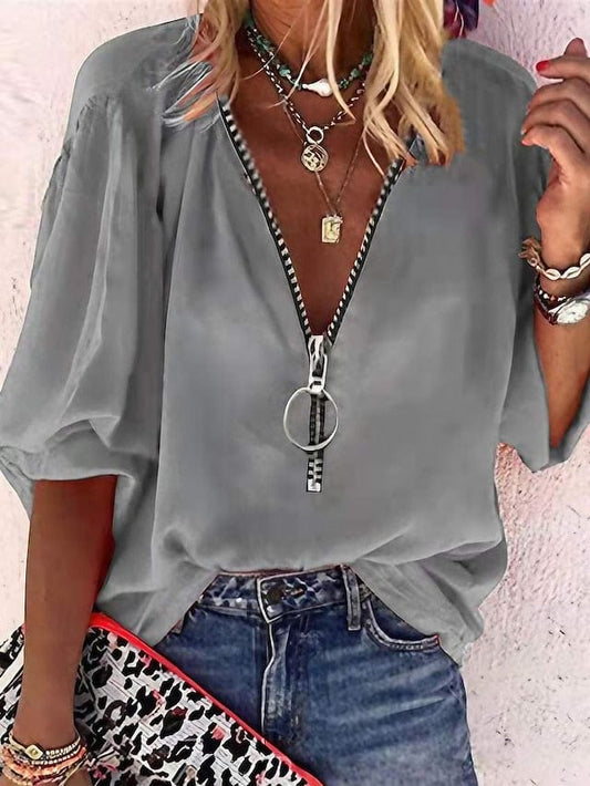 Women's Marron Black White Plain Zipper 3/4 Length Sleeve Casual V Neck Shirt Blouse Regular S