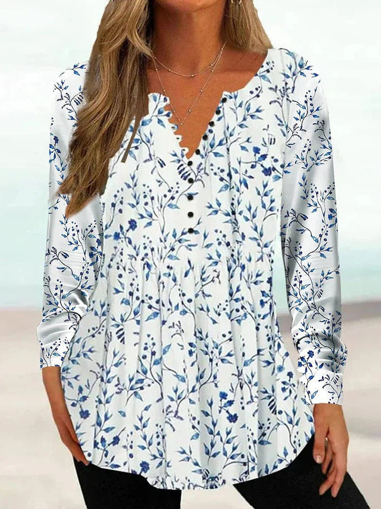 Floral Print Long Sleeve Henley Blouse for Women