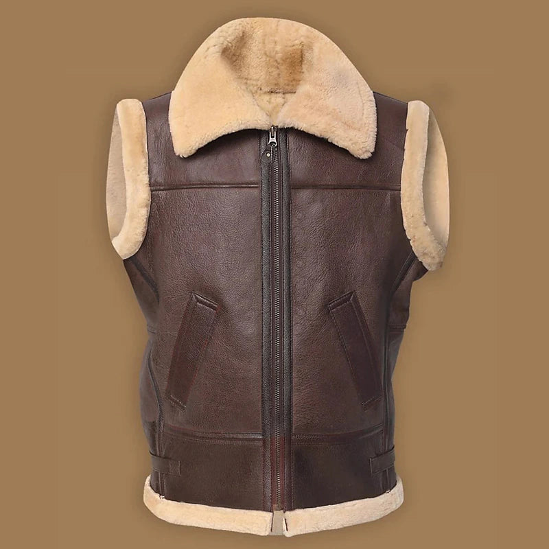 Vintage Retro Men's Leather Shearling Zip-Up Vest with Faux Fur Lining in Deep Green