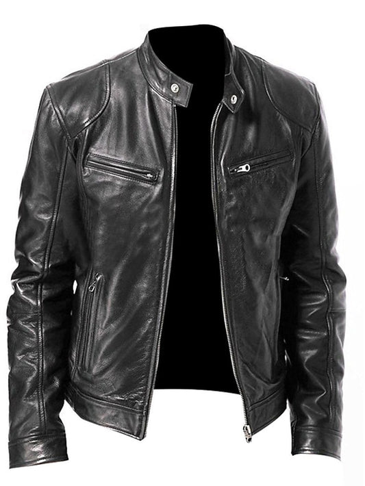 Men's Faux Leather Jacket Biker Jacket Motorcycle Jacket Street Daily Thermal Warm Windproof Pocket Fall Stand Collar Regular Faux Leather Regular Fit Black Brown Jacket