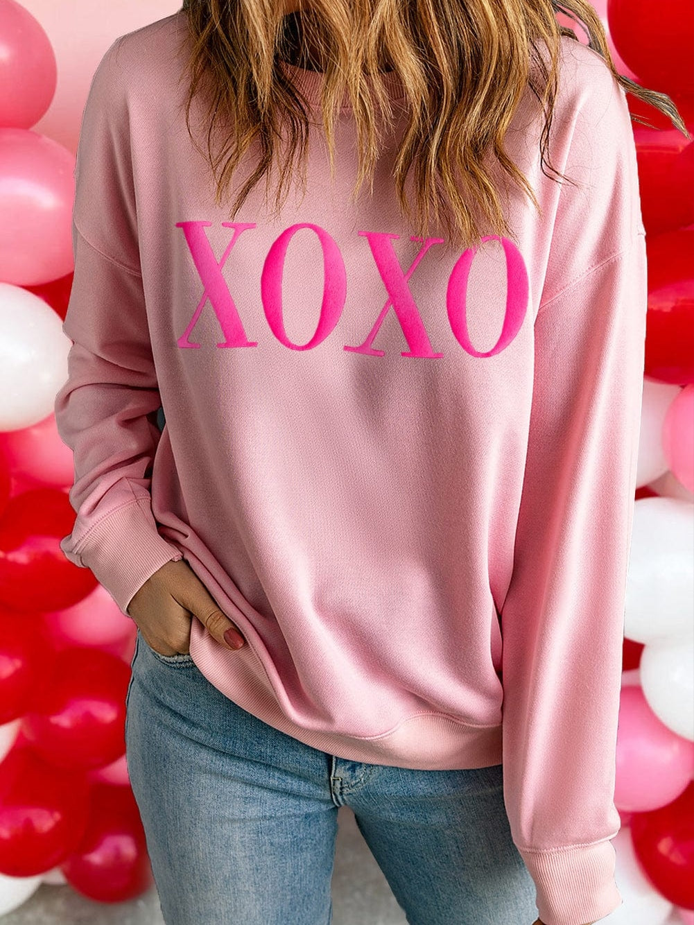 XOXO Pink Puff Print Drop Shoulder Sweater