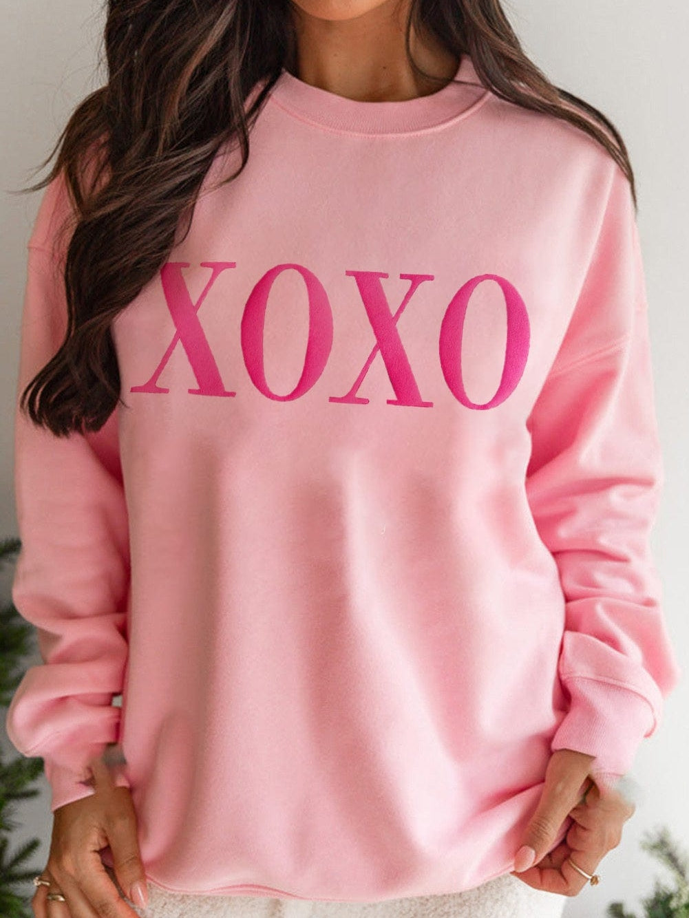 XOXO Pink Puff Print Drop Shoulder Sweater